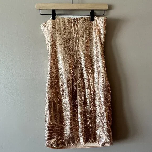 Women's S Fashion Nova Rose Gold Body-con Sequin Dress Strapless Fitted Bodycon - Picture 3 of 8